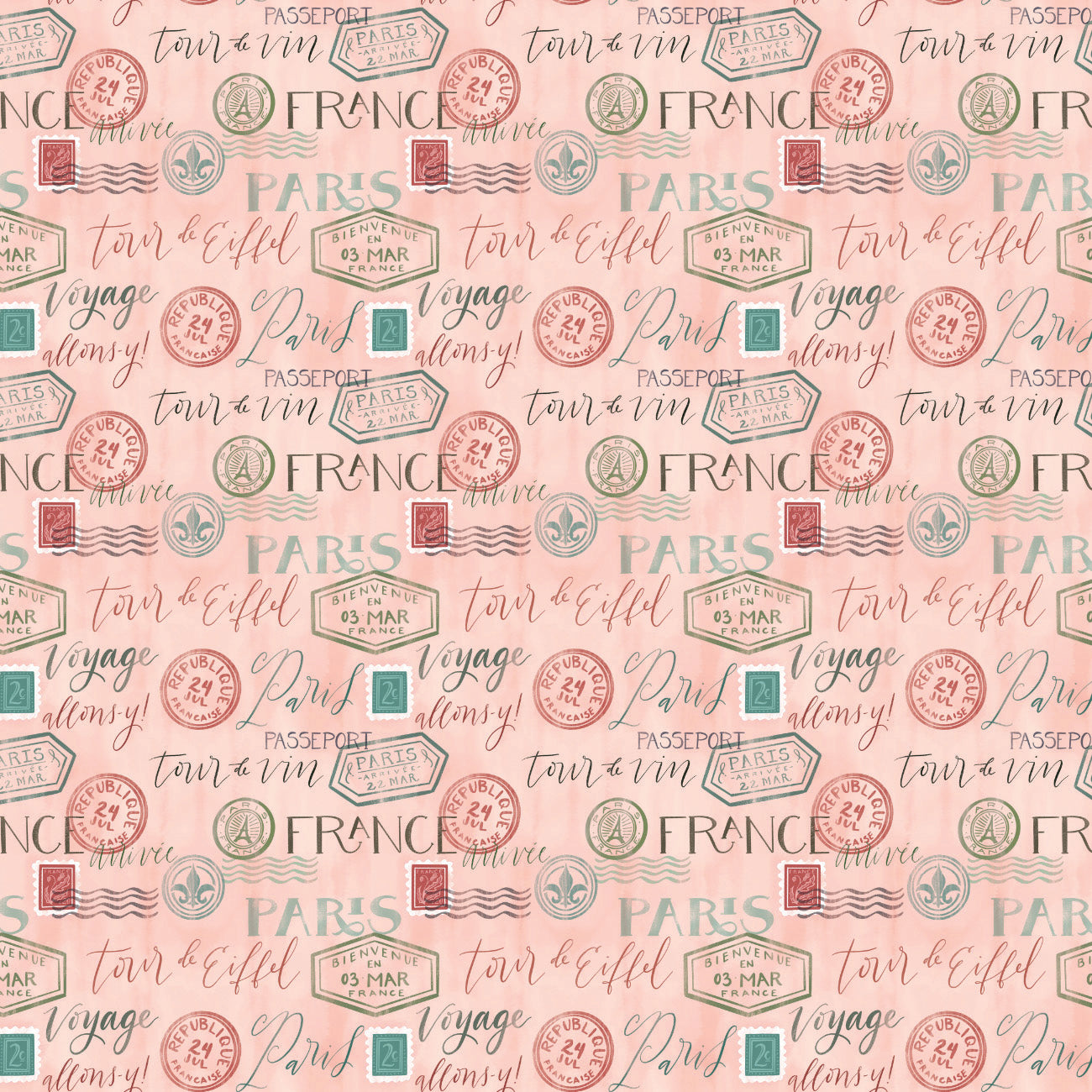 Fleurs & Flutter Collection-Passport Stamps-Pink-100% Cotton-50250103-01