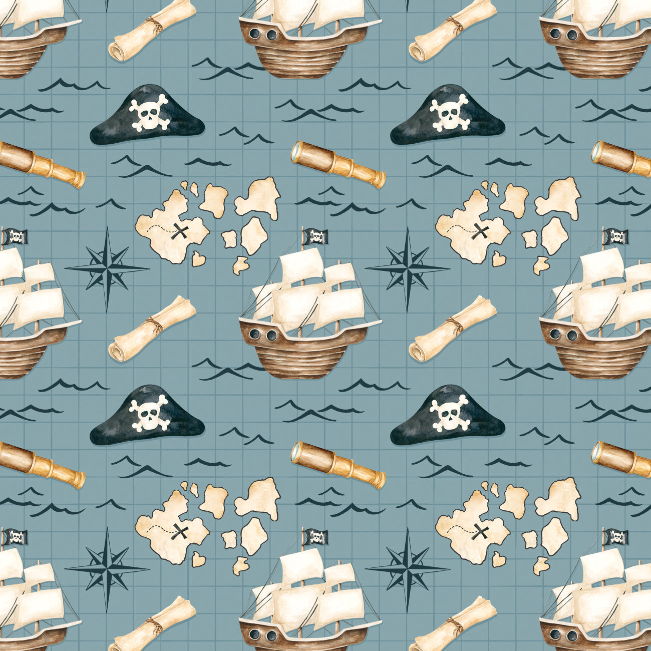 Pirates Ahoy Collection-Treasure Map-Blue-Quilting Fabrics-56240101-02