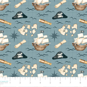 Pirates Ahoy Collection-Treasure Map-Blue-Quilting Fabrics-56240101-02