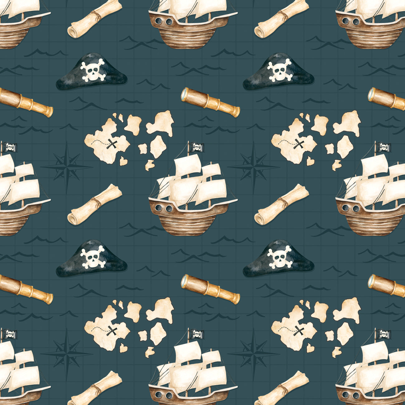 Pirates Ahoy Collection-Treasure Map-Teal-Quilting Fabrics-56240101-03