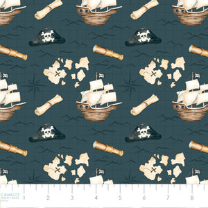 Pirates Ahoy Collection-Treasure Map-Teal-Quilting Fabrics-56240101-03