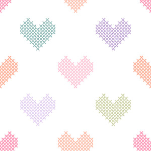 Daisy and Lilly  Collection-Cross-Stitched Hearts-White-Quilting Fabrics-58240103-01