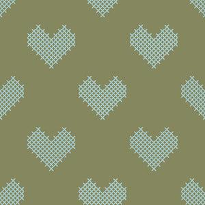 Daisy and Lilly  Collection-Cross-Stitched Hearts-Sage-Quilting Fabrics-58240103-04