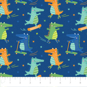 Fleece and Flannel 2024 Catalog-Crocodile Skaters-Navy-Cotton Flannel-89230202B-02