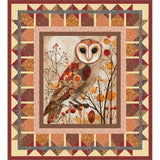 Échantillon de panneau de courtepointe imprimé numériquement avec le motif de la chouette d'automne et les points cardinaux