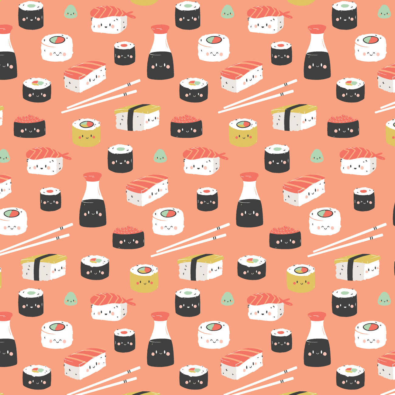 Sushi-Mania- Printed Flannel by CDS - Coral