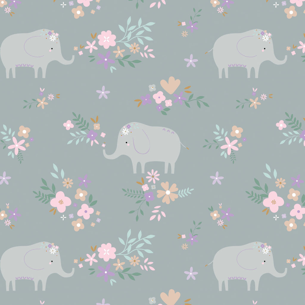 Printed Flannel-Soft Elephant Floral Flannel-Grey-100% Cotton-21220803B-02