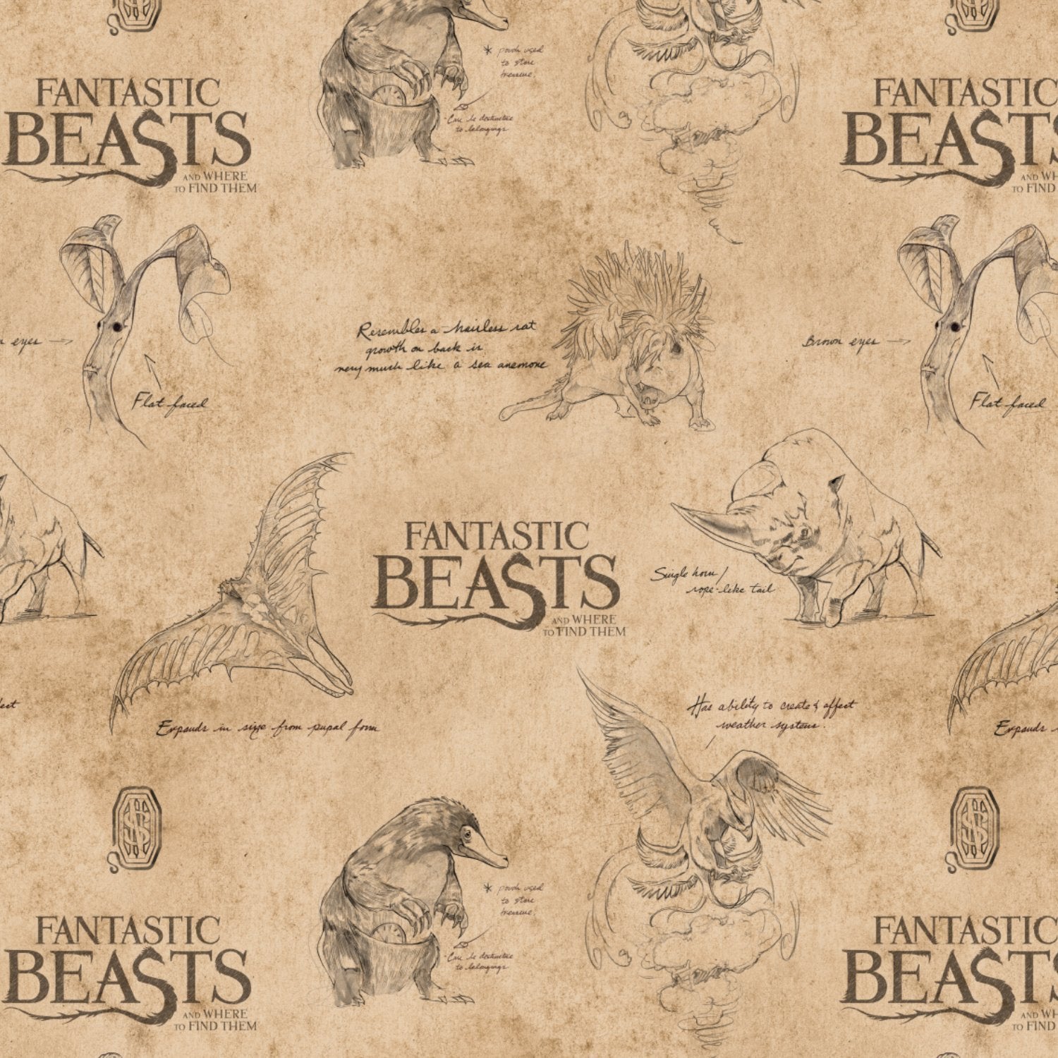 Wizarding World -Fantastic Beasts Collection -Logo & Creatures On Textured Ground-Tan