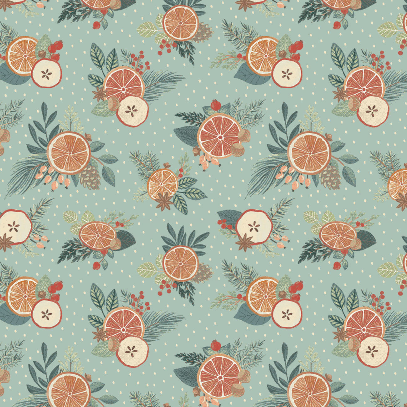Holiday Spice Collection - Fruit Blossoms - Light Teal - Cotton