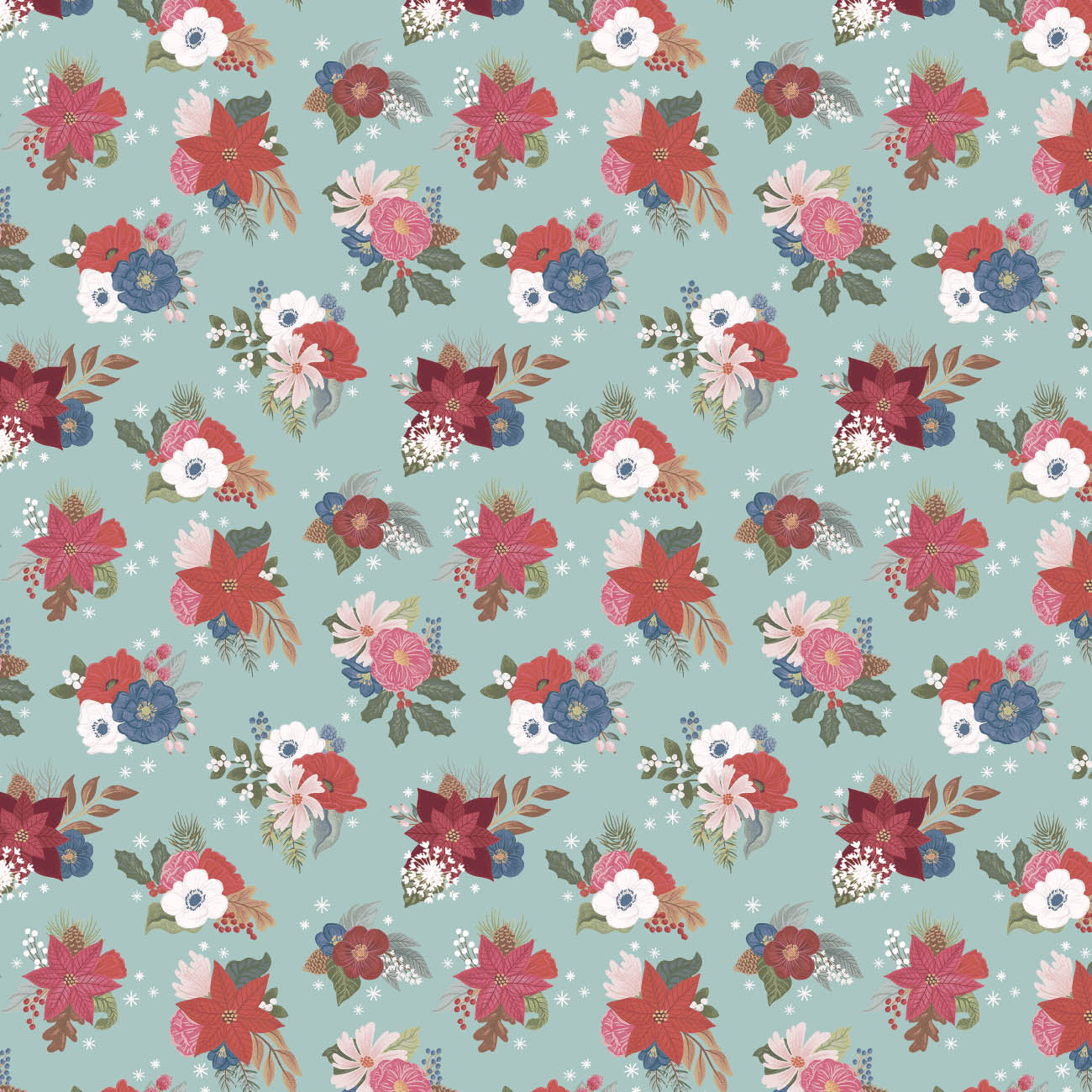 Winter Spirit Collection - Winter Bouquets - Light Teal - Cotton