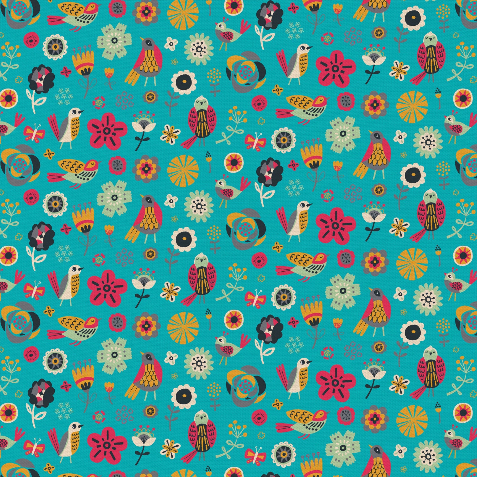 Birds of a Feather Collection- Birds & Flowers - Turquoise - 100%Cotton - 44/45