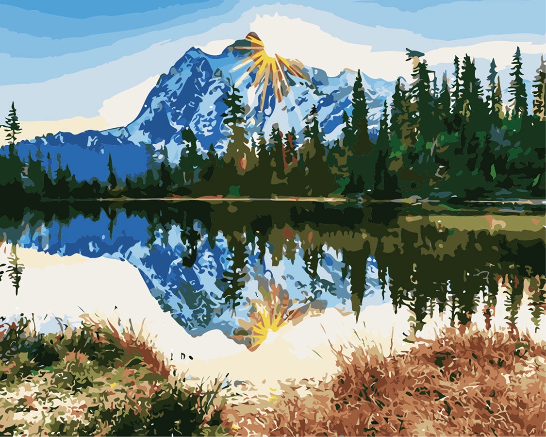 Figured'Art Peintures par numeros - Ensemble cadre Lac et Reflet de Montagne
